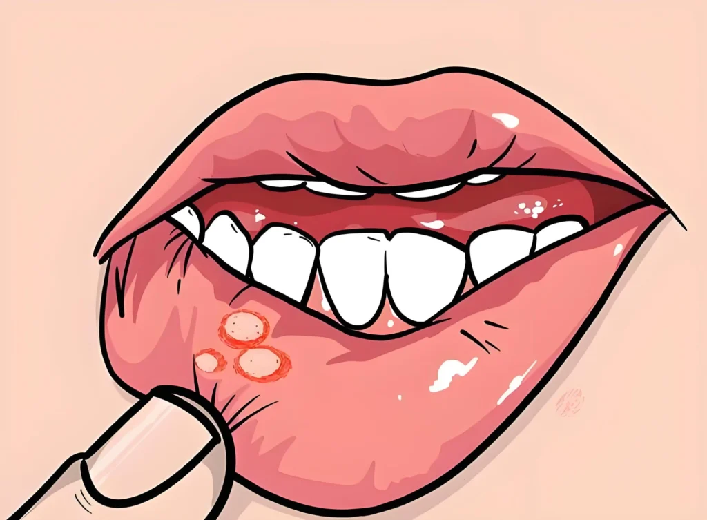 下唇內側出現數顆飛滋(口腔潰瘍)的插圖 Illustration of aphthous mouth ulcers on the inner lower lip