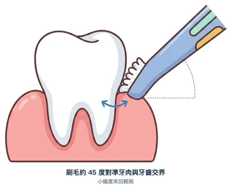 貝氏刷牙法示意圖：刷毛約 45 度斜向牙肉與牙齒交界，小幅度來回移動