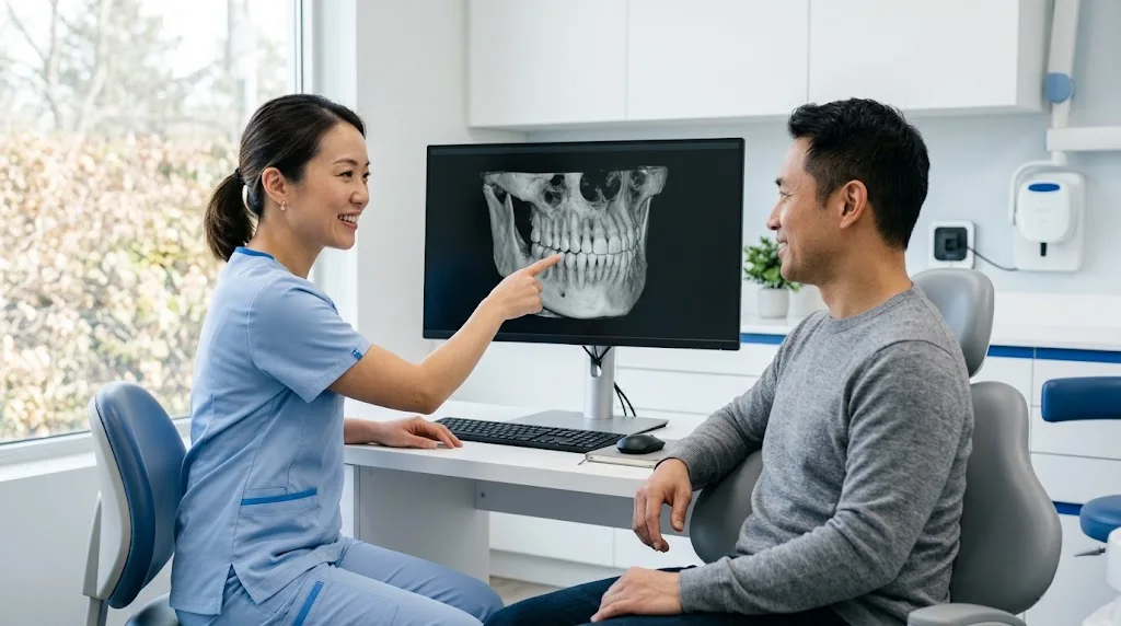 牙醫向病人講解上顎的 3D 影像掃描