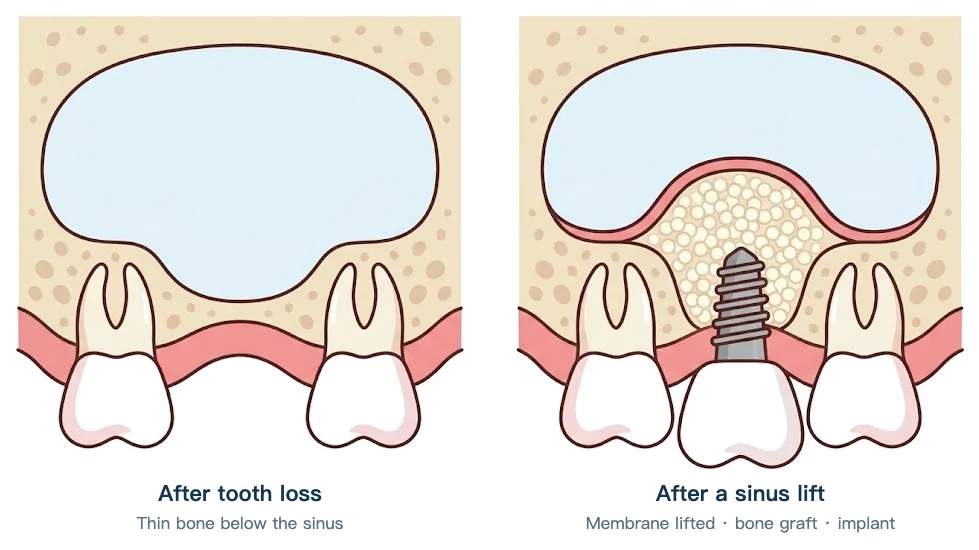 Sinus lift before and after: thin bone below the sinus after tooth loss; the membrane is lifted, bone graft placed beneath and an implant inserted