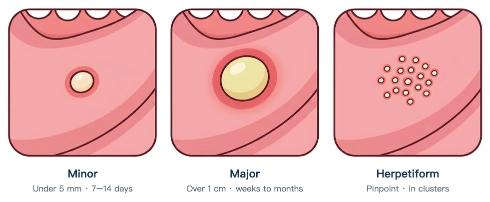Three types of recurrent mouth ulcer: minor is one small shallow ulcer, major is larger and deeper, herpetiform is a cluster of pinpoint ulcers