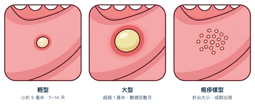 復發性飛滋三型示意圖：輕型為單一細小淺潰瘍、大型為較大較深的潰瘍、疱疹樣型為成群針尖大小的潰瘍