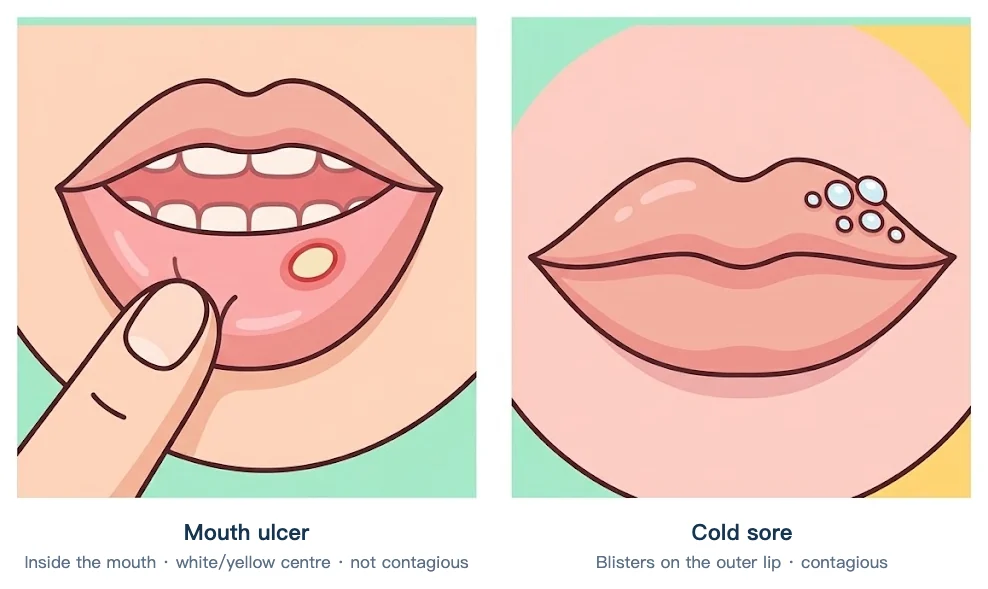 Mouth ulcer vs cold sore: a mouth ulcer sits inside the mouth with a white or yellow centre and red rim; a cold sore is a cluster of small blisters on the outer lip