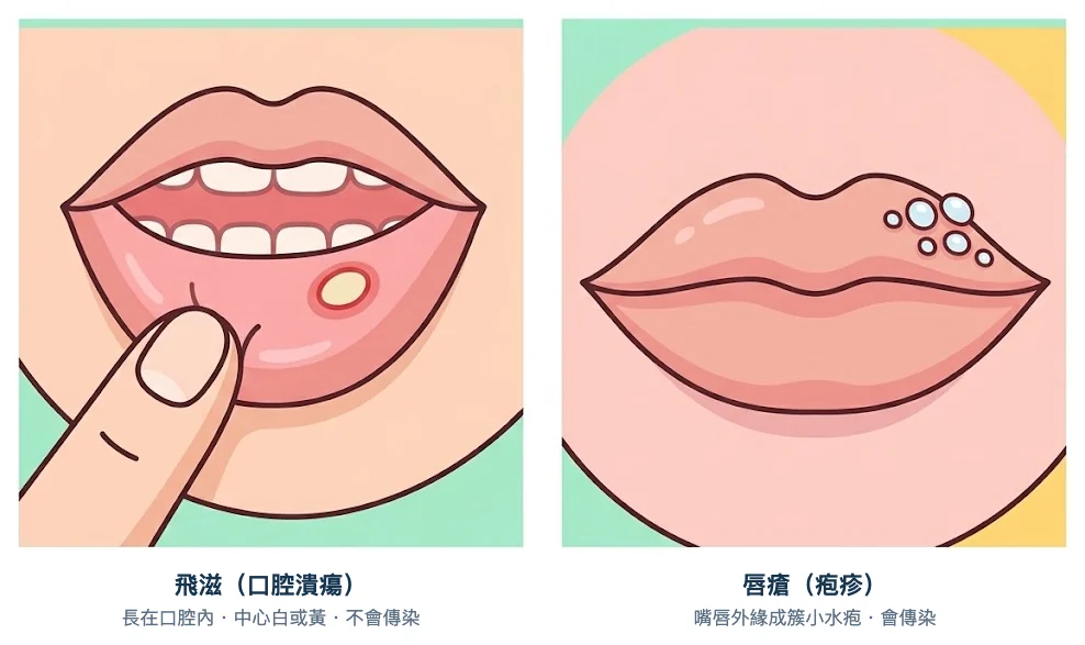 飛滋與唇瘡示意圖：飛滋長在口腔內，中心白色或黃色、周圍一圈紅；唇瘡是嘴唇外緣成簇的小水疱